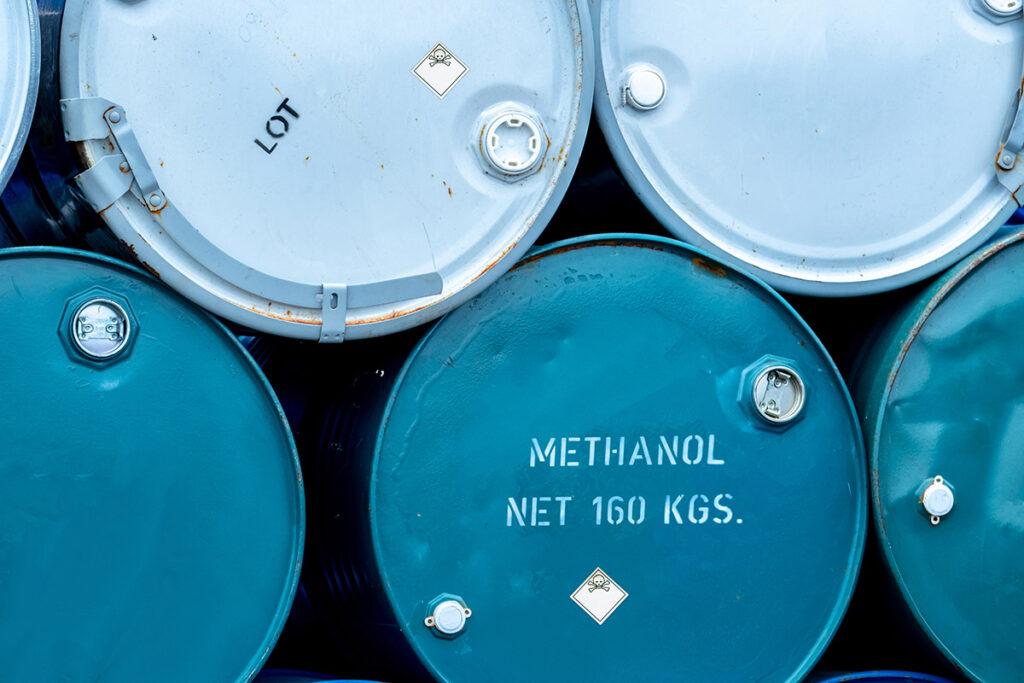 Old Chemical Barrels Stack Of Blue Methanol Or Methyl Alcohol D